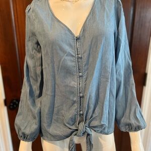 LOFT Button down Light denim XS tie ruffle shoulders V-neck Loose Soft Boho